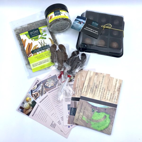 coffret 1 : chocolat au caramel, algues, sel aux algues, homards en chocolat et fiches recettes, , un océan de saveurs | maturin.ca, maturin, épicerie en ligne, commande en ligne, livraison à domicile, alimentation, producteur, quebec, canada